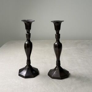 Vintage Brass Candlestick Holders Pair 8 Inch Octagonal Base Patina Decor